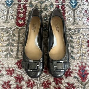 Franco Sarto Black Quilted Leather Loafers with Buckle